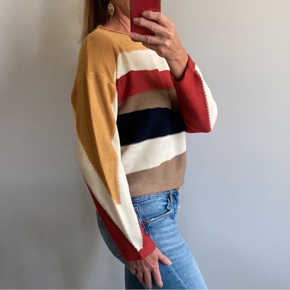 Cropped, Asymmetrical Stripe Long Sleeve Sweater - Picture 4 of 7